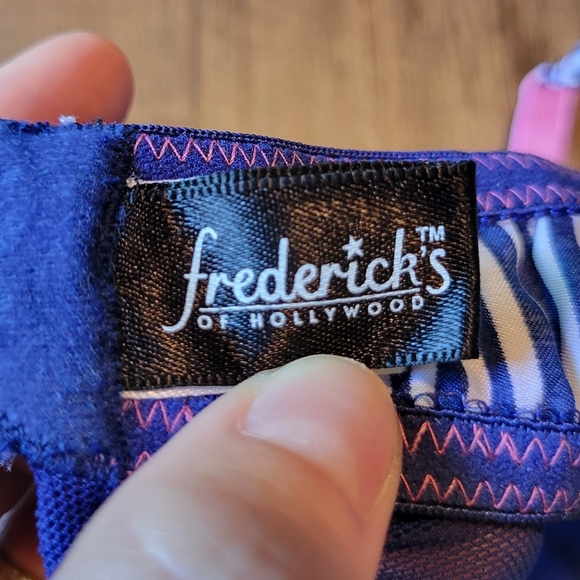 Frederick's Of Hollywood Blue White Pink Stripes Mesh Ruffle Babydoll Negligee - Picture 3 of 4